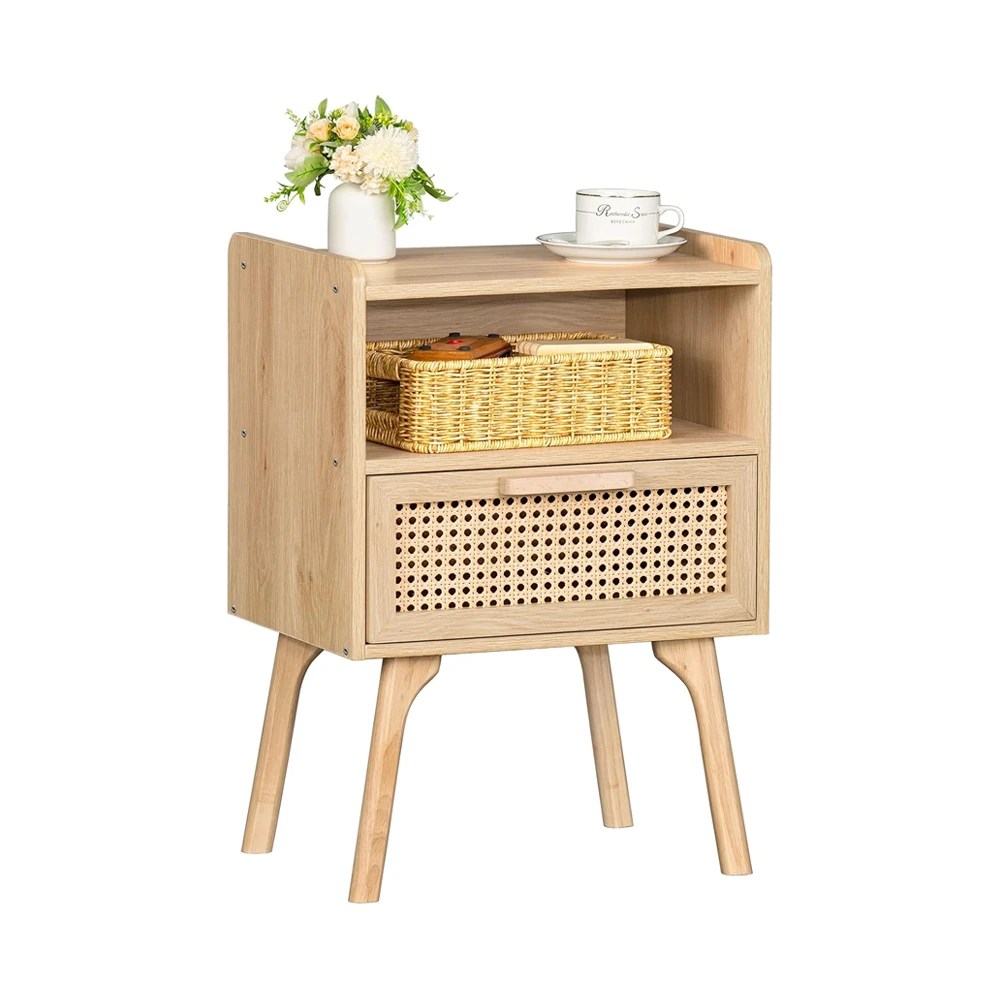Lerliuo Rattan Nightstand, Boho Side Table